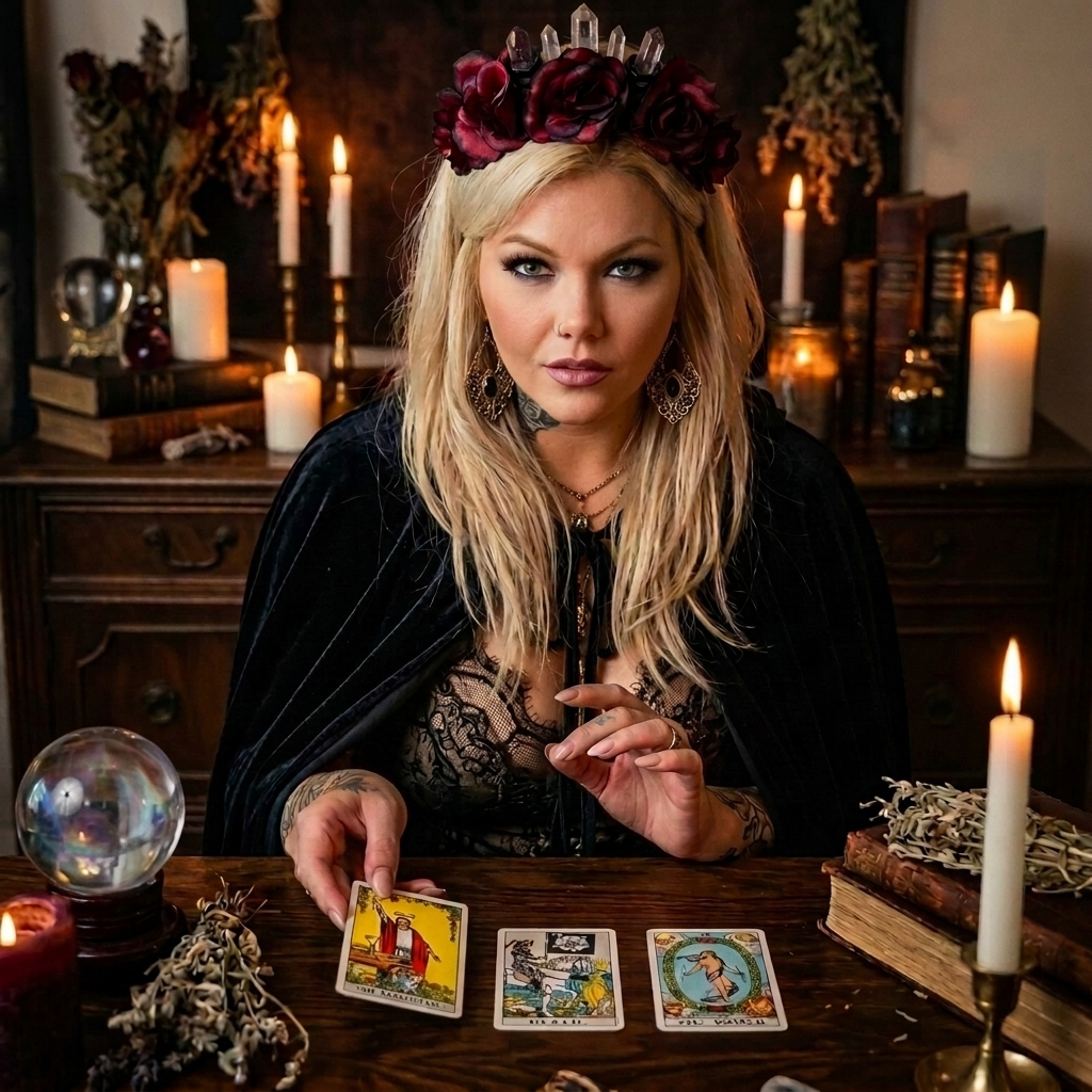 The Raven Witch artisan with tarot cards, crystals, and candles