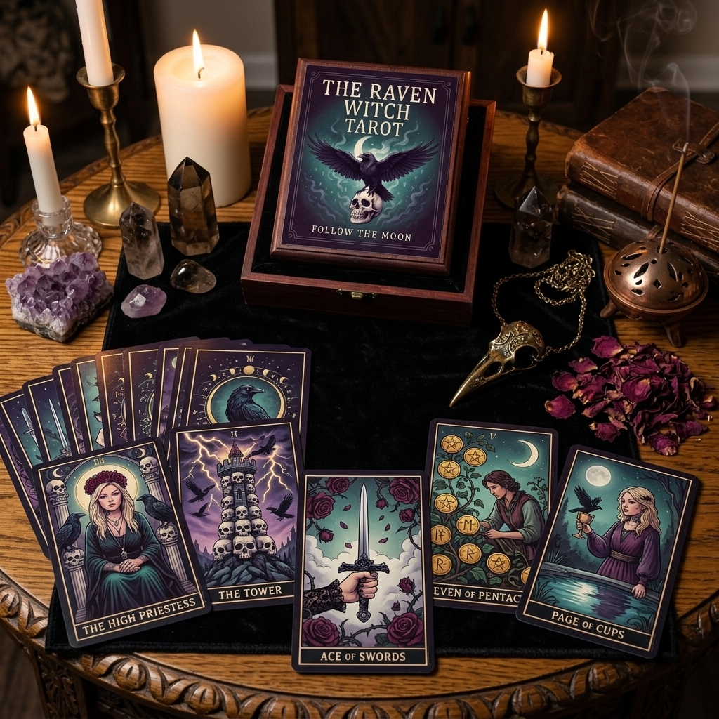 The Raven Witch Tarot deck with custom illustrated cards spread on a ritual table